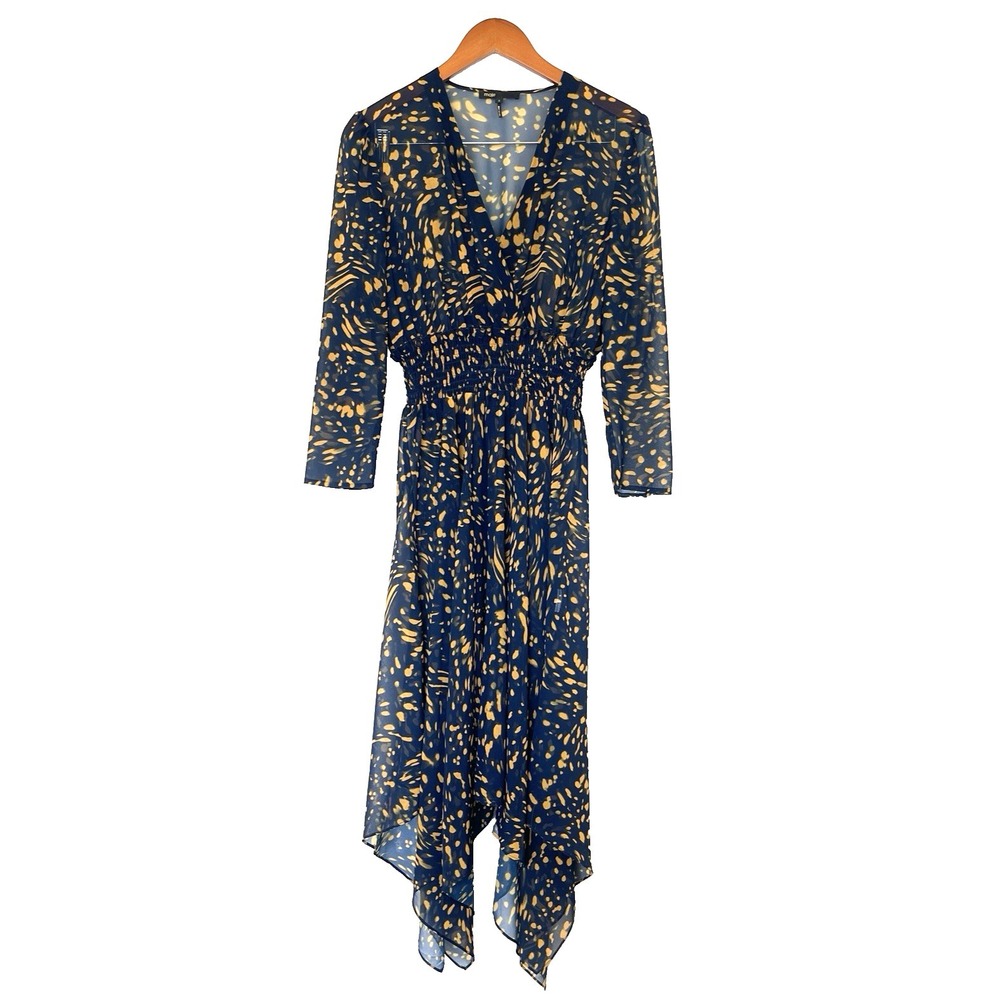 Maje Womens Sheer Asymmetrical Sheer Midi Dress Size 3 US L Navy/Yellow Dots